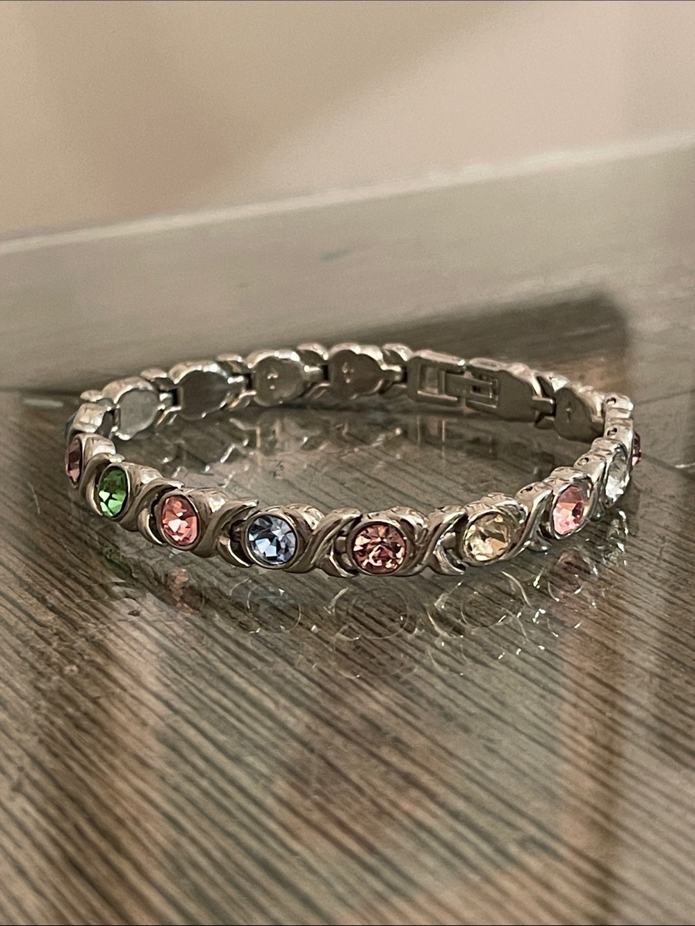 Silver-tone "X" & "O" Hugs & Kisses Link Tennis Bracelet Pastel Rhinestones